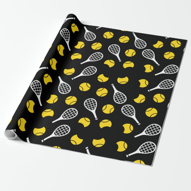 Yellow Half Balls and Rackets Sport Tennis Gift Wrapping Paper (Unrolled)