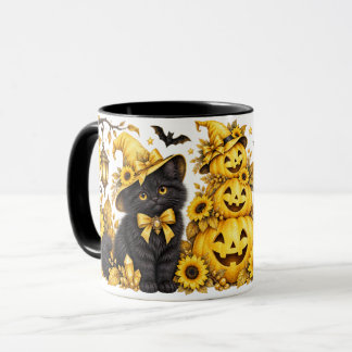 Yellow Halloween Black Cats & Sunflower Pumpkins  Mug