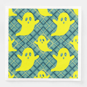 Yellow Halloween Ghosts on Green Plaid Napkin