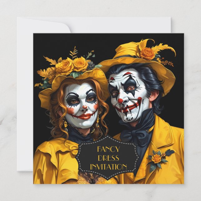 Yellow Halloween make-up caricature couple Invitation (Front)