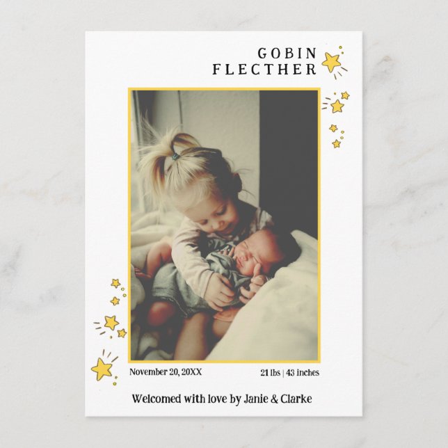 Yellow Hand-drawn Star Doodle Photo Birth  Announcement (Front)