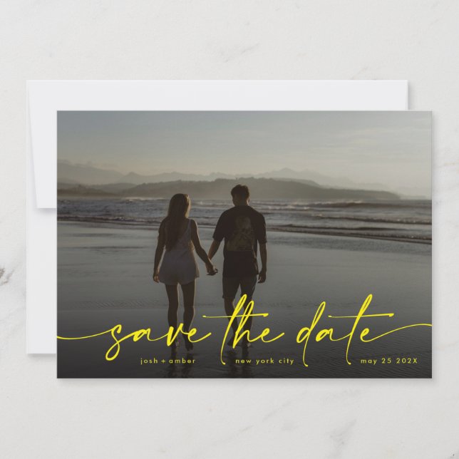 Yellow Hand written Modern Photo Sun Illuminating Save The Date (Front)