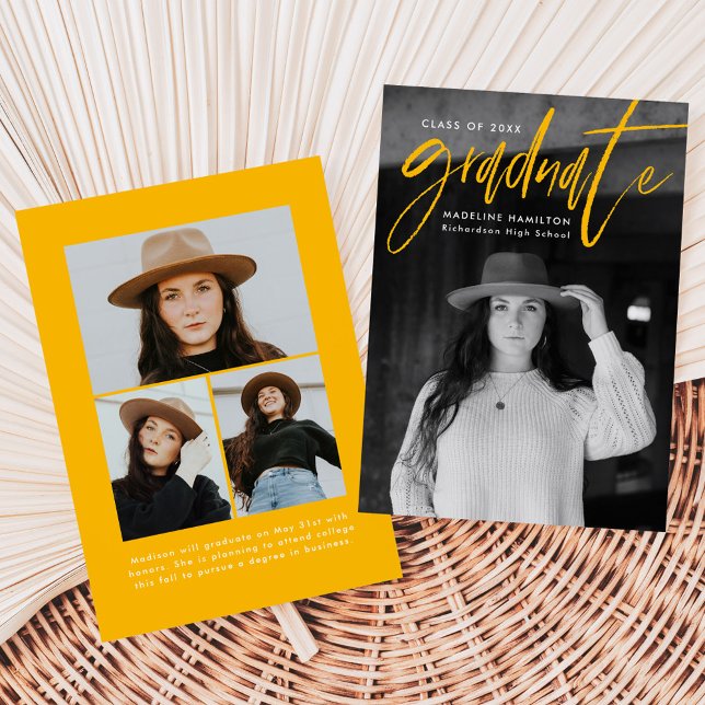 Yellow Handwritten Brush Script 4 Photo Graduation Announcement (Creator Uploaded)