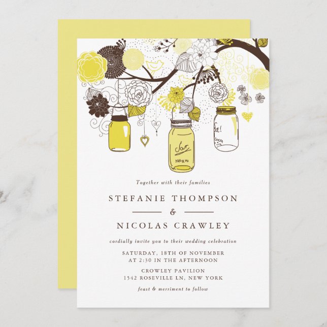 Yellow Hanging Mason Jars Wedding Invitation (Front/Back)