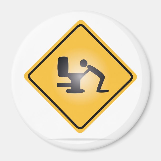 Yellow hangover warning sign round magnet (Front)