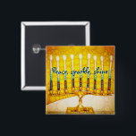 Yellow Hanukkah Menorah Peace Sparkle Shine Script 15 Cm Square Badge<br><div class="desc">“Peace, sparkle, shine.” A close-up photo of a bright, colorful, yellow and gold artsy menorah helps you usher in the holiday of Hanukkah in style. Feel the warmth and joy of the holiday season whenever you wear this chic, colorful Hanukkah button. Matching cards, postage, stickers, pillows, housewares, totebags, and other...</div>