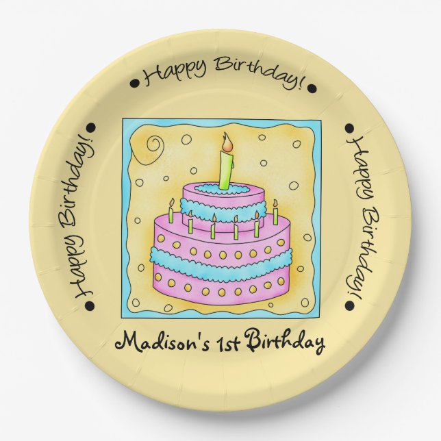 Yellow Happy 1st Birthday Cake Name Personalised Paper Plate (Front)