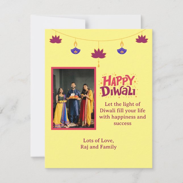 Yellow Happy Diwali with Family Photo  Holiday Card (Front)