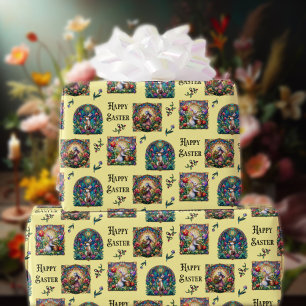 Yellow Happy Easter Bunny Elegant Stained Glass Wrapping Paper