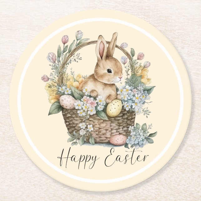Yellow Happy Easter Bunny Round Paper Coaster (Front)