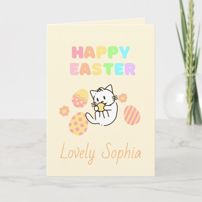 Yellow Happy Easter Cat Holiday Card (Front)