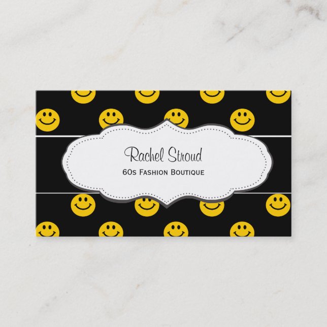 Yellow Happy Face Pattern Black Business Cards (Front)