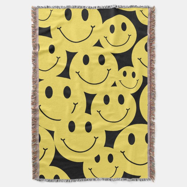 yellow happy face smiles black throw blanket (Front Vertical)
