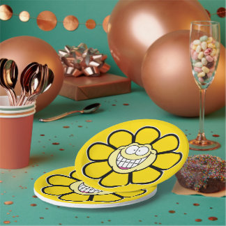 Yellow Happy Flower Screwball Graphics Paper Plate