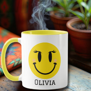 Yellow Happy Girly Face, Fun Personalised Mug