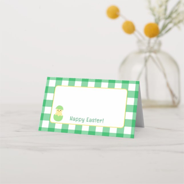 Yellow Happy Spring Chick Easter B Green Check Place Card (Front)