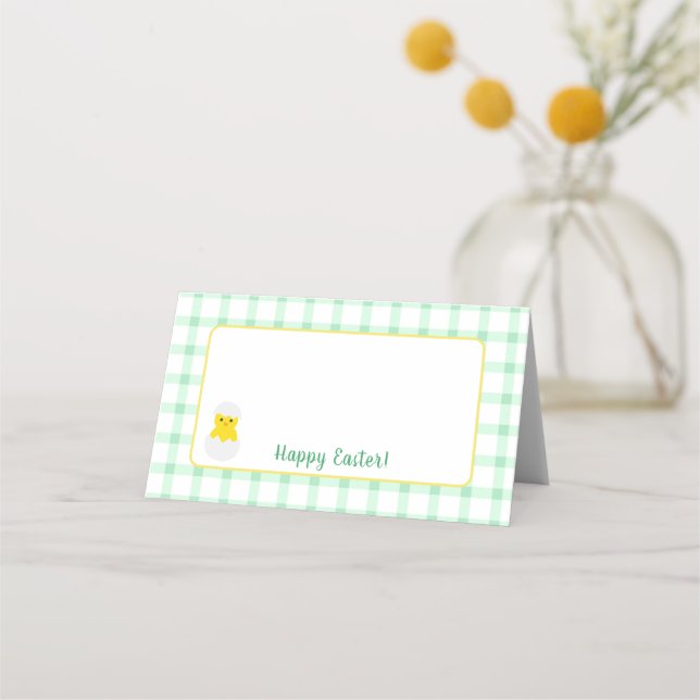 Yellow Happy Spring Chick Easter Green Check Place Card (Front)