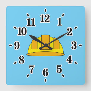 Yellow Hard Hat Cartoon Square Wall Clock