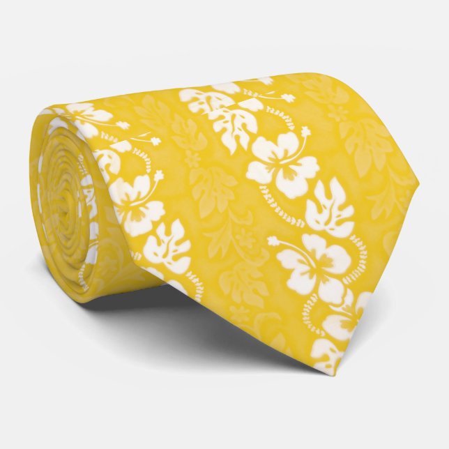 Yellow Hawaiian Hibiscus Aloalo Flower Wedding Tie (Rolled)