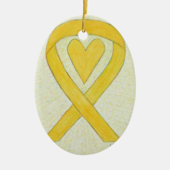 Yellow Heart Awareness Ribbon Ceramic Art Ornament (Front)