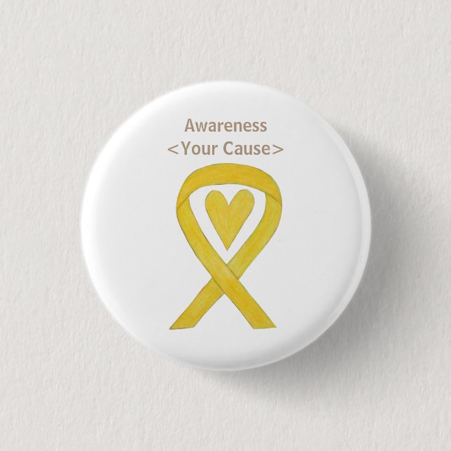 Yellow Heart Awareness Ribbon Custom Pin Button (Front)