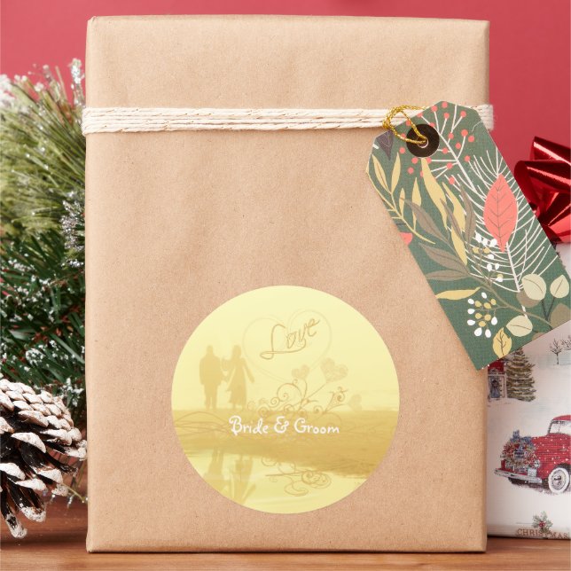 Yellow Heart Beach Wedding Classic Round Sticker (Holiday)