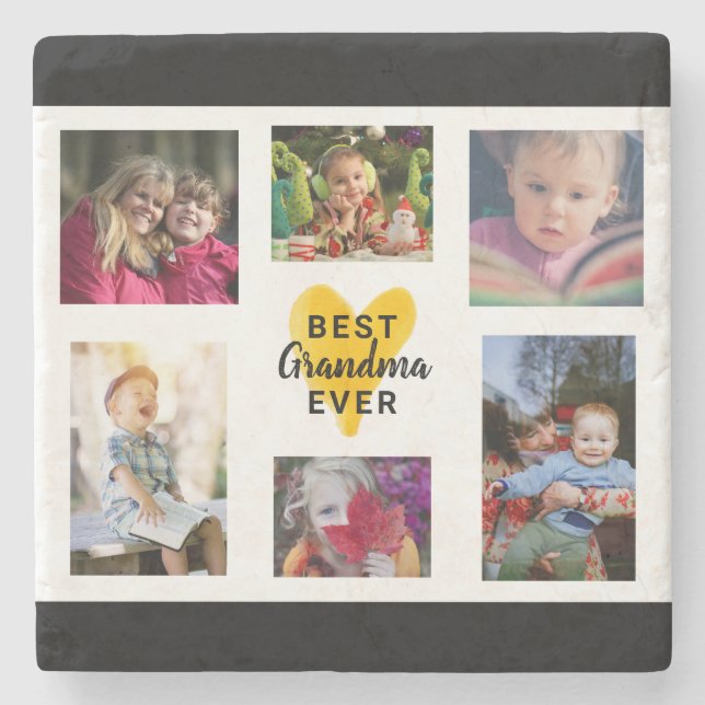 Yellow Heart Best Grandma Ever Collage Photo Cute Stone Coaster (Front)