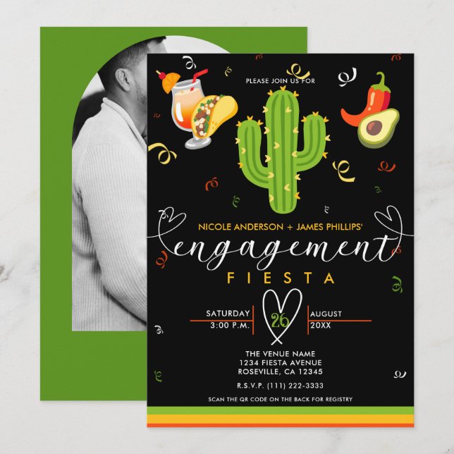 Yellow Heart Cactus Fiesta Love Engagement Party Invitation (Front/Back)