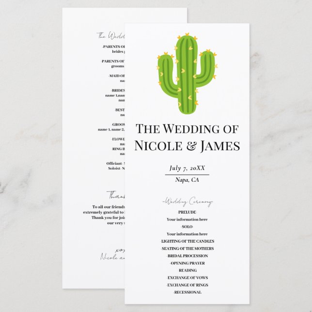 Yellow Heart Cactus Fiesta Love Wedding Program Menu (Front/Back)