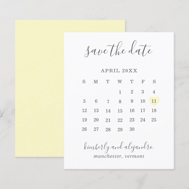 Yellow Heart Calender Budget Wedding Save the Date (Front/Back)