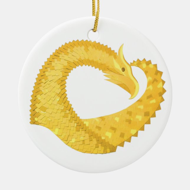 Yellow heart dragon on white ceramic tree decoration (Front)