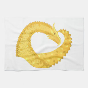 Yellow heart dragon on white tea towel