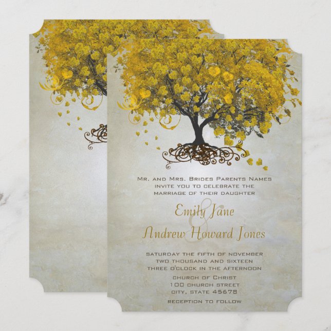 Yellow Heart Leaf Tree Wedding Invites (Front/Back)
