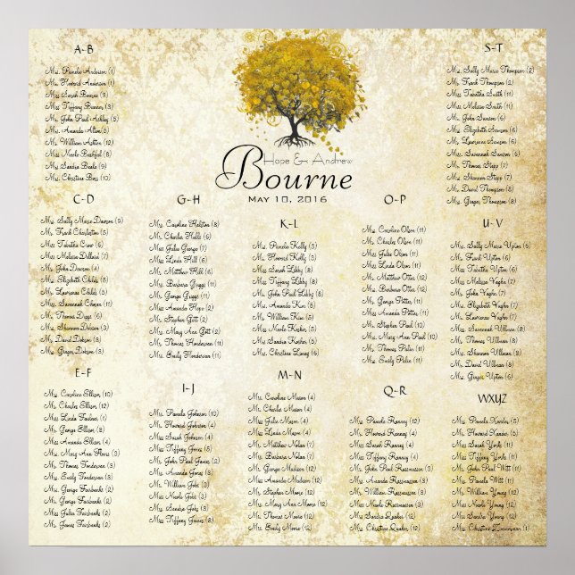 Yellow Heart Tree 100 to 150 guest alphabetical Poster (Front)