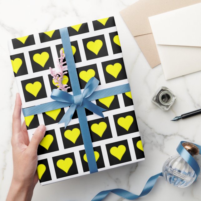 Yellow Hearts Black Geometric Abstract Wrapping Paper (Gifting)