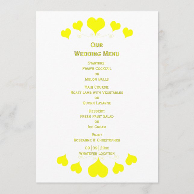 Yellow Hearts Design Wedding Menu (Front)
