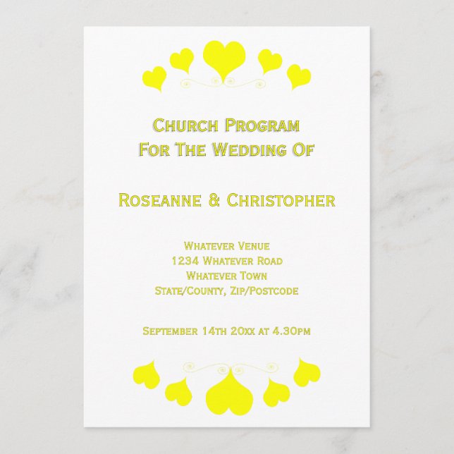 Yellow Hearts Design Wedding Programme (Front)