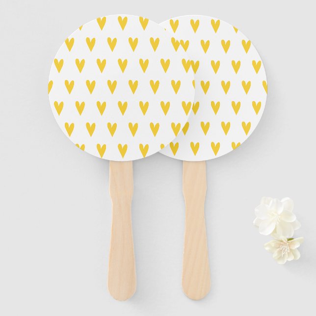 Yellow Hearts Pattern Hand Fan (Front and Back)