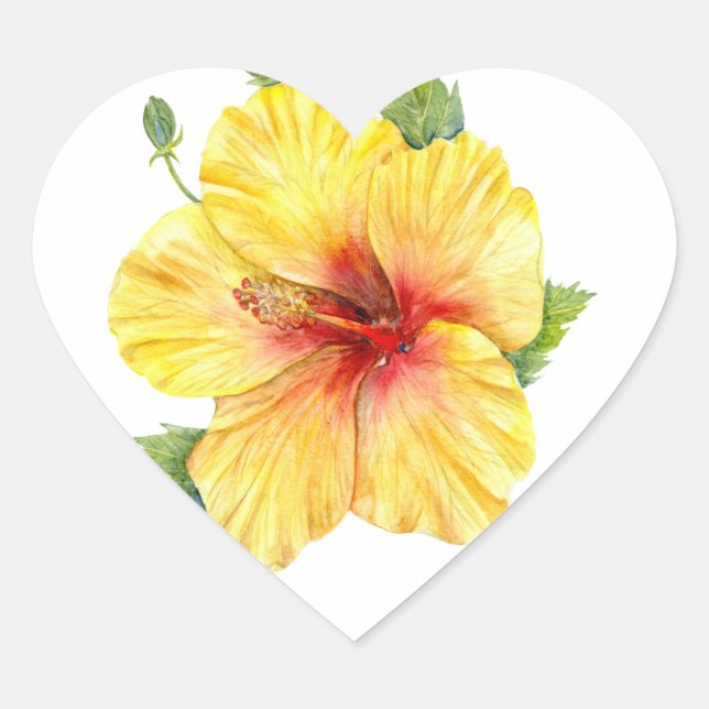 Yellow Hibiscus Botanical Art Heart Sticker (Front)