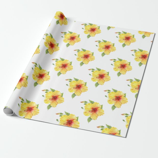 Yellow Hibiscus Botanical Art Wrapping Paper (Unrolled)