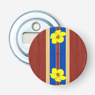 Yellow Hibiscus Fake Wood Surfboard Bottle Opener