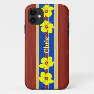 Yellow Hibiscus Fake Wood Surfboard iPhone 11 Case