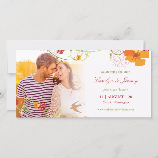Yellow Hibiscus Floral Swirls And Swallows Photo Save The Date (Front)