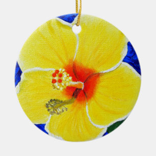 Yellow Hibiscus Flower Painting Ceramic Ornament