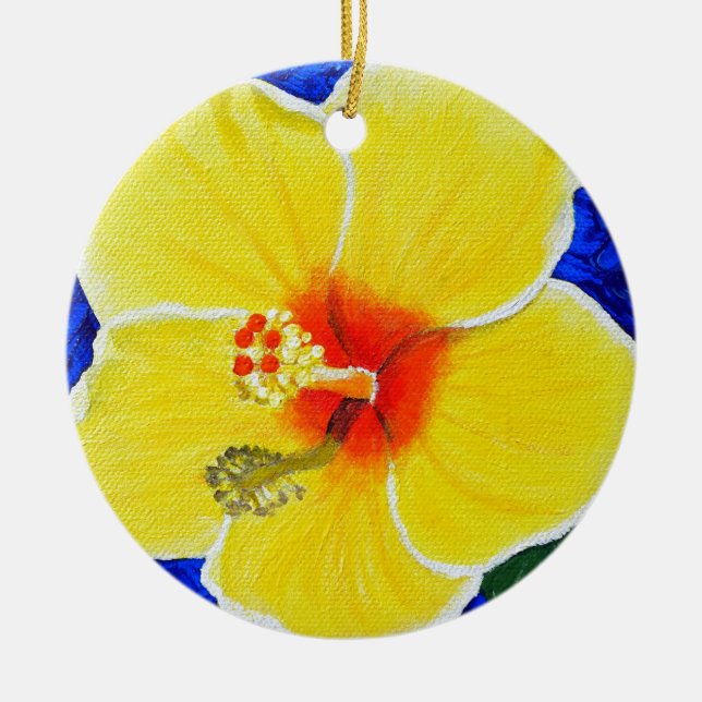 Yellow Hibiscus Flower Painting Ceramic Ornament (Front)