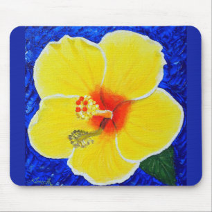 Yellow Hibiscus Flower Painting Mouse Mat