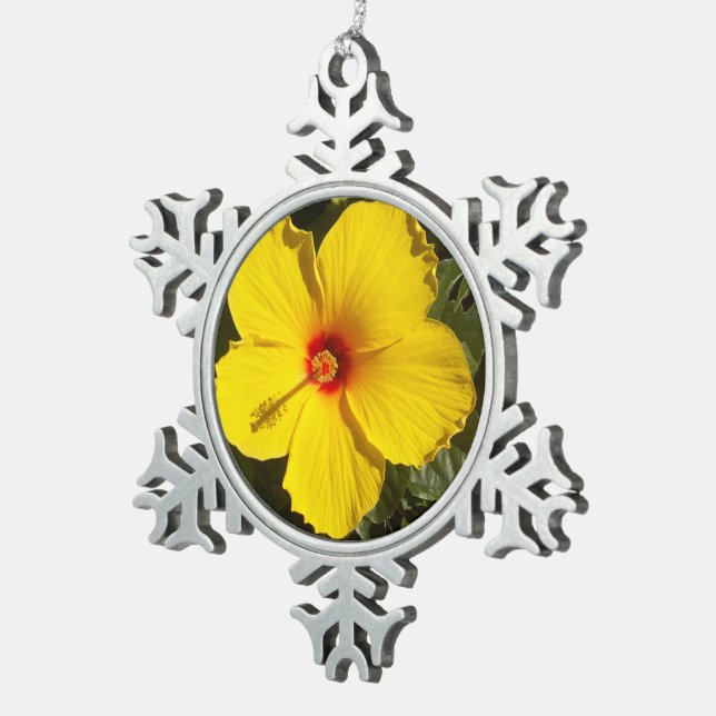 Yellow Hibiscus Flower Snowflake Pewter Christmas Ornament (Right)