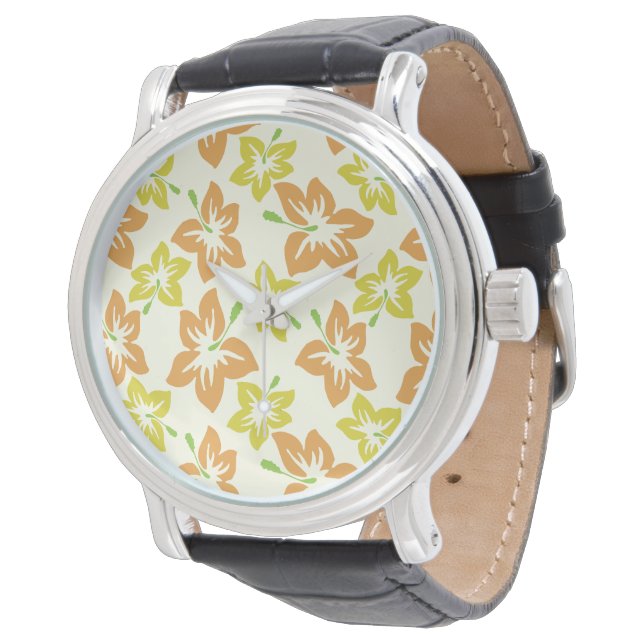 Yellow Hibiscus, Orange Hibiscus, Floral Pattern Watch (Angled)