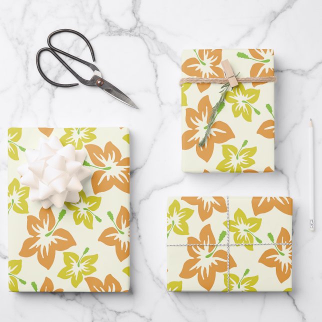 Yellow Hibiscus, Orange Hibiscus, Floral Pattern Wrapping Paper Sheet (Front)