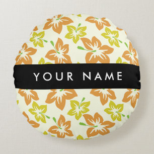 Yellow Hibiscus, Orange Hibiscus, Your Name Round Cushion